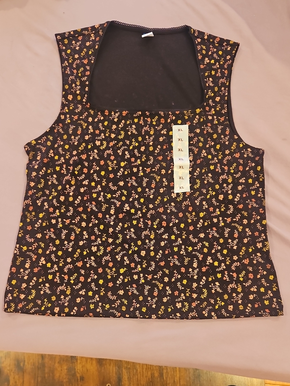 Old Navy Black Floral Square-Neck Tank Top with Pink & Yellow Accents